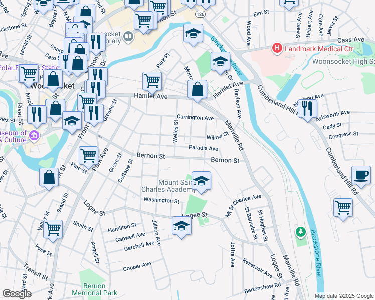 map of restaurants, bars, coffee shops, grocery stores, and more near 223 Paradis Avenue in Woonsocket