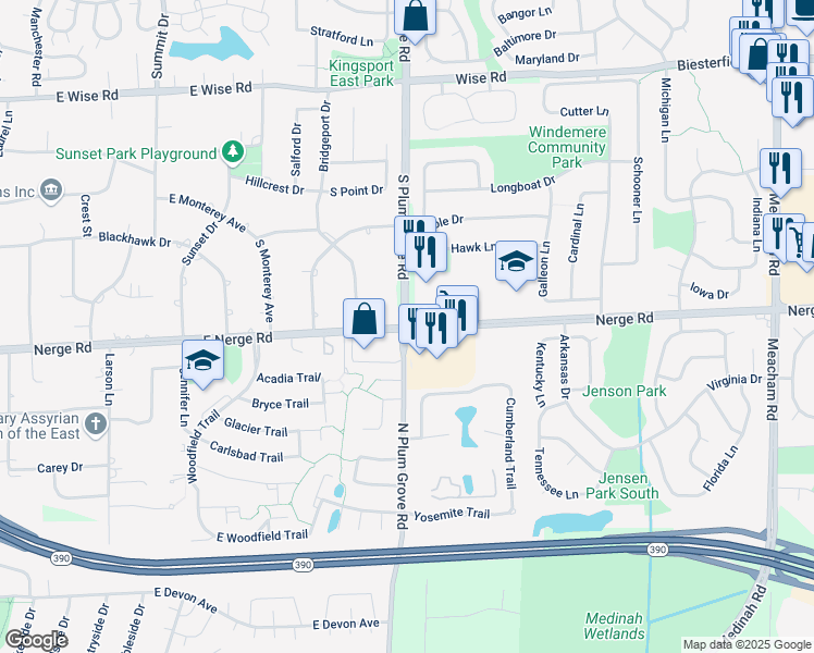 map of restaurants, bars, coffee shops, grocery stores, and more near Plum Grove Rd & Nerge Rd in Roselle