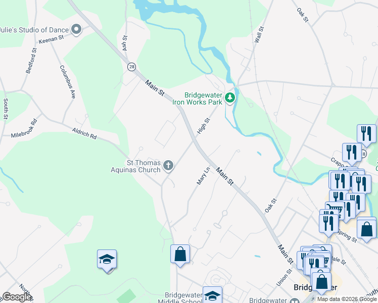 map of restaurants, bars, coffee shops, grocery stores, and more near 32 Center Street in Bridgewater