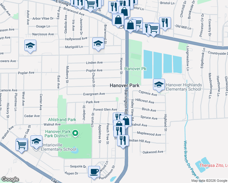 map of restaurants, bars, coffee shops, grocery stores, and more near 1636 Evergreen Avenue in Hanover Park
