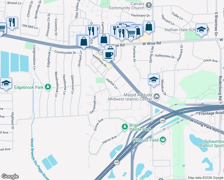 map of restaurants, bars, coffee shops, grocery stores, and more near 1463 Mercury Drive in Schaumburg
