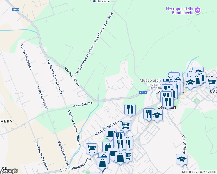 map of restaurants, bars, coffee shops, grocery stores, and more near 7 Via del Sasso in Cerveteri