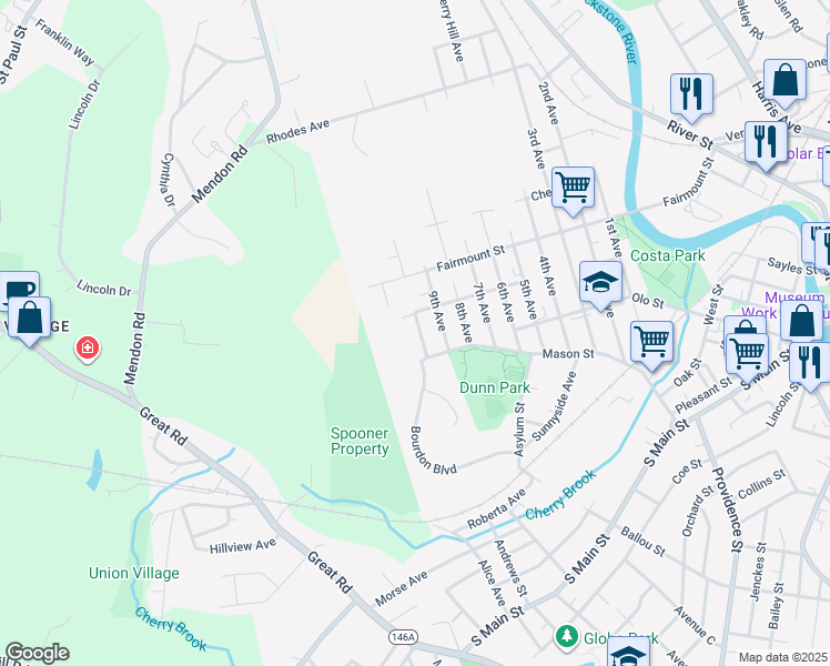 map of restaurants, bars, coffee shops, grocery stores, and more near 316 10th Avenue in Woonsocket