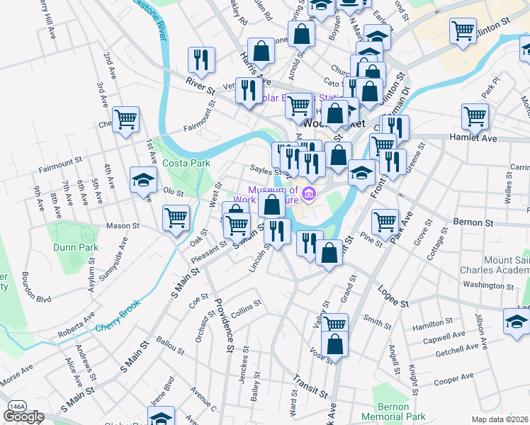 map of restaurants, bars, coffee shops, grocery stores, and more near 168 South Main Street in Woonsocket