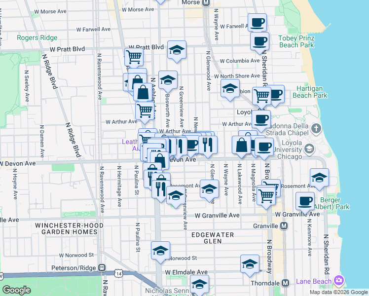 map of restaurants, bars, coffee shops, grocery stores, and more near 6423 North Greenview Avenue in Chicago