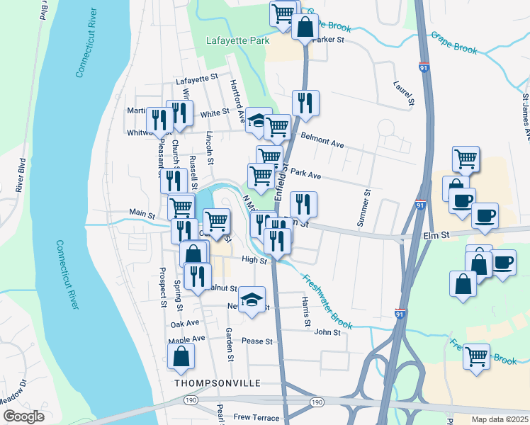 map of restaurants, bars, coffee shops, grocery stores, and more near 156 North Main Street in Enfield