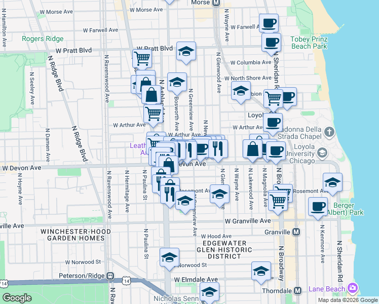 map of restaurants, bars, coffee shops, grocery stores, and more near 6417 North Greenview Avenue in Chicago