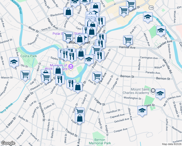 map of restaurants, bars, coffee shops, grocery stores, and more near 294 Front Street in Woonsocket
