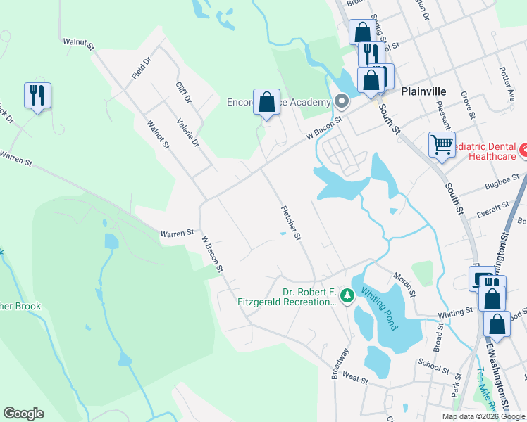 map of restaurants, bars, coffee shops, grocery stores, and more near 9 Fletcher Street in Plainville
