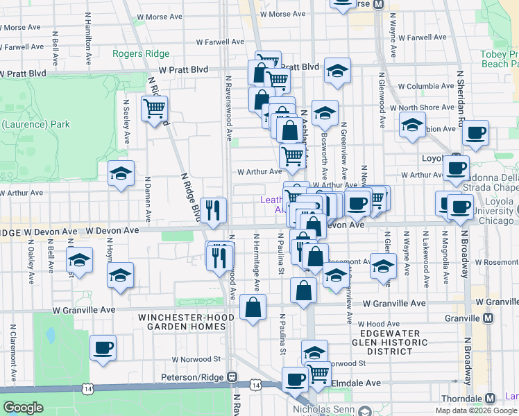 map of restaurants, bars, coffee shops, grocery stores, and more near 6415 North Hermitage Avenue in Chicago