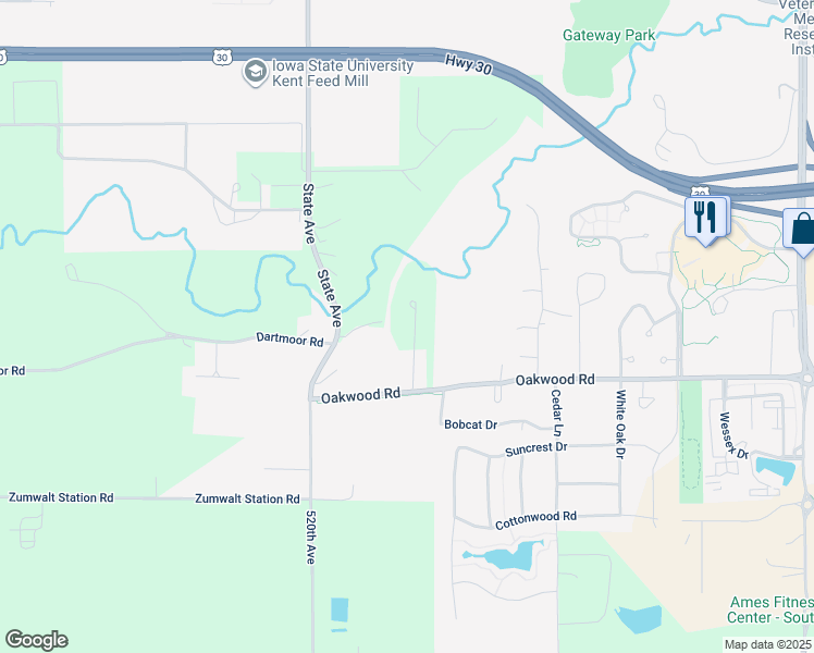 map of restaurants, bars, coffee shops, grocery stores, and more near 2507 Worle Lane in Ames