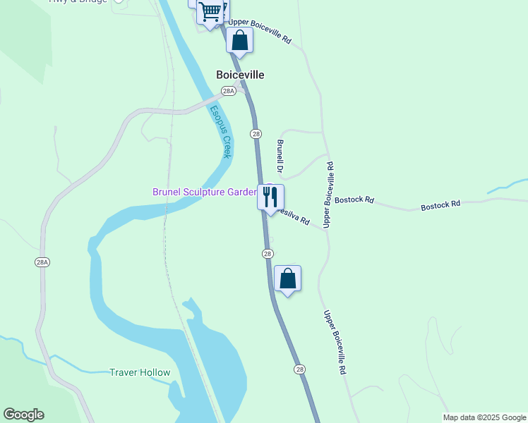 map of restaurants, bars, coffee shops, grocery stores, and more near New York 28 in Ulster County