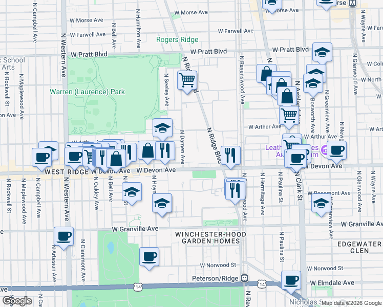 map of restaurants, bars, coffee shops, grocery stores, and more near 6433 North Damen Avenue in Chicago