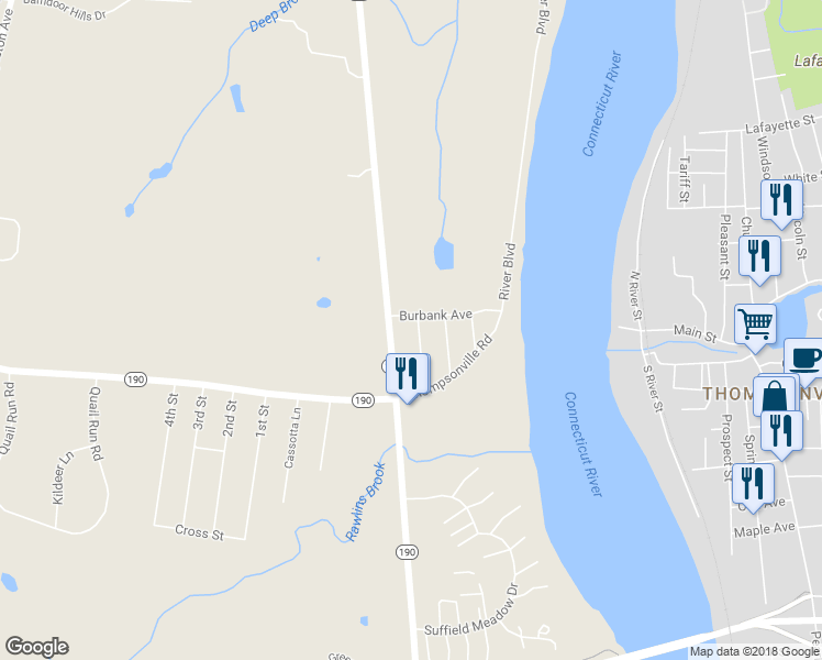 map of restaurants, bars, coffee shops, grocery stores, and more near 61 Douglas Street in Suffield