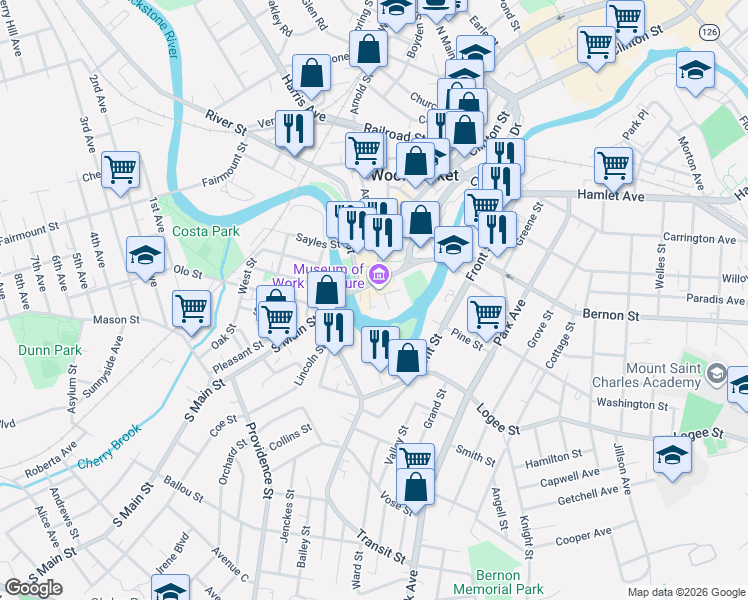 map of restaurants, bars, coffee shops, grocery stores, and more near 68 South Main Street in Woonsocket