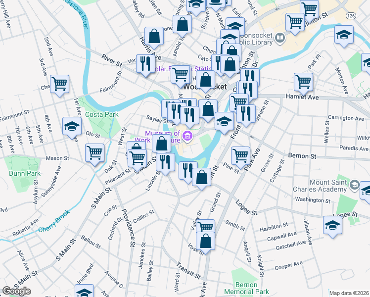 map of restaurants, bars, coffee shops, grocery stores, and more near 68 South Main Street in Woonsocket