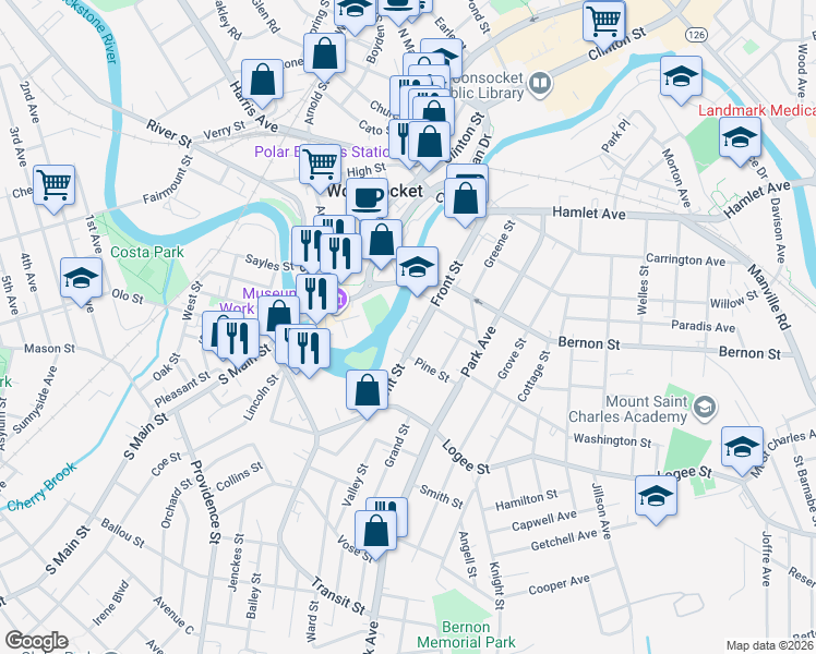 map of restaurants, bars, coffee shops, grocery stores, and more near 349 Front Street in Woonsocket
