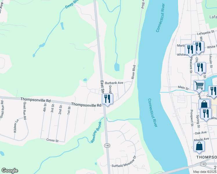 map of restaurants, bars, coffee shops, grocery stores, and more near 55 Douglas Street in Suffield