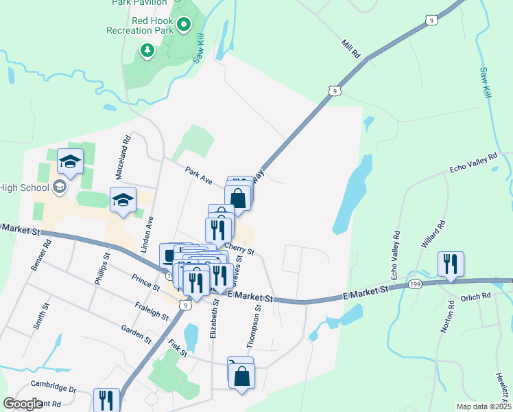 map of restaurants, bars, coffee shops, grocery stores, and more near 7590 North Broadway in Red Hook