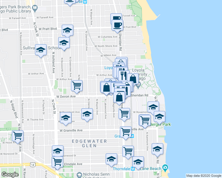 map of restaurants, bars, coffee shops, grocery stores, and more near 6414 North Magnolia Avenue in Chicago