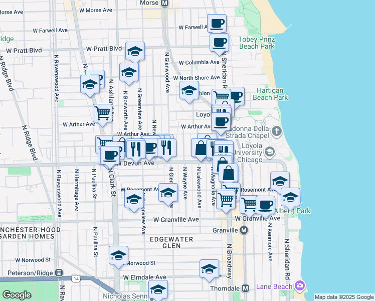 map of restaurants, bars, coffee shops, grocery stores, and more near 1334 West Devon Avenue in Chicago