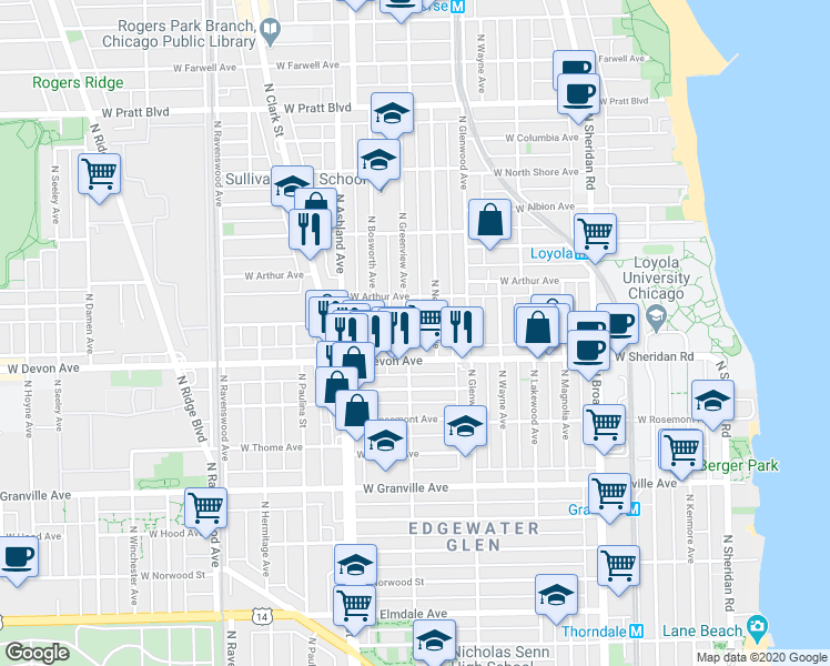 map of restaurants, bars, coffee shops, grocery stores, and more near 1454 West Devon Avenue in Chicago