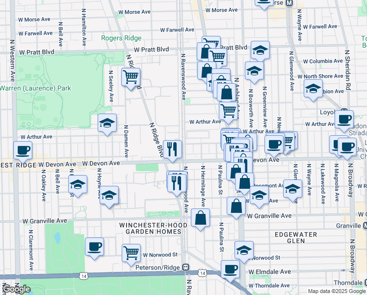map of restaurants, bars, coffee shops, grocery stores, and more near 6415 North Ravenswood Avenue in Chicago