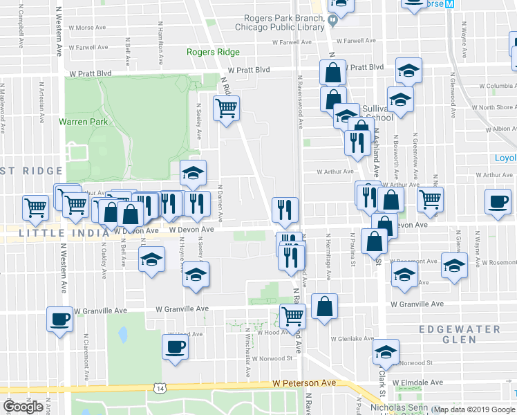map of restaurants, bars, coffee shops, grocery stores, and more near 6414 North Ridge Boulevard in Chicago