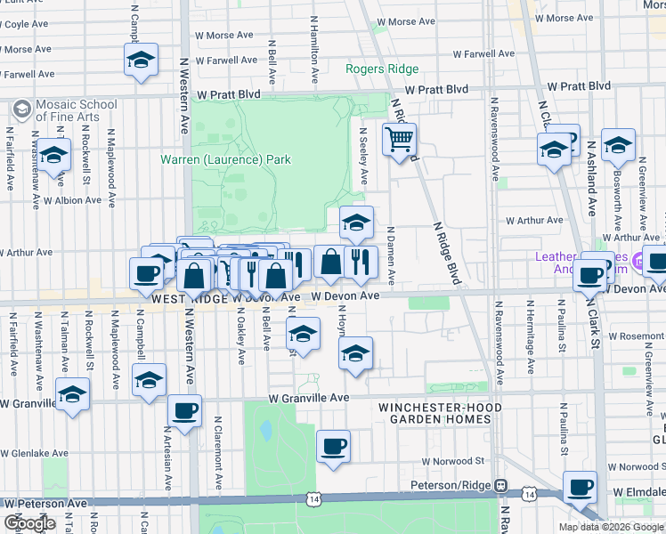 map of restaurants, bars, coffee shops, grocery stores, and more near 6419 North Hoyne Avenue in Chicago