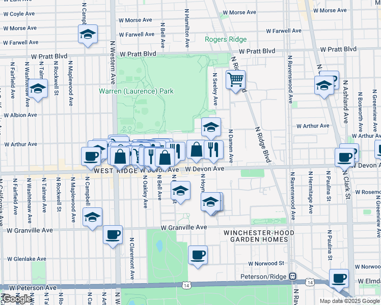 map of restaurants, bars, coffee shops, grocery stores, and more near 6422 North Hamilton Avenue in Chicago