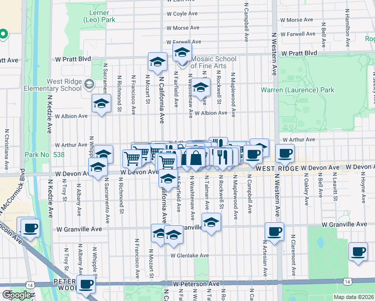 map of restaurants, bars, coffee shops, grocery stores, and more near 6428 North Washtenaw Avenue in Chicago