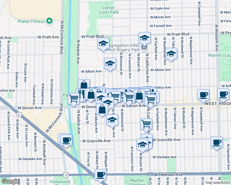 map of restaurants, bars, coffee shops, grocery stores, and more near 6434 North Richmond Street in Chicago