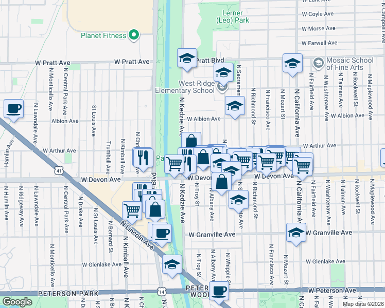 map of restaurants, bars, coffee shops, grocery stores, and more near 6435 North Troy Street in Chicago