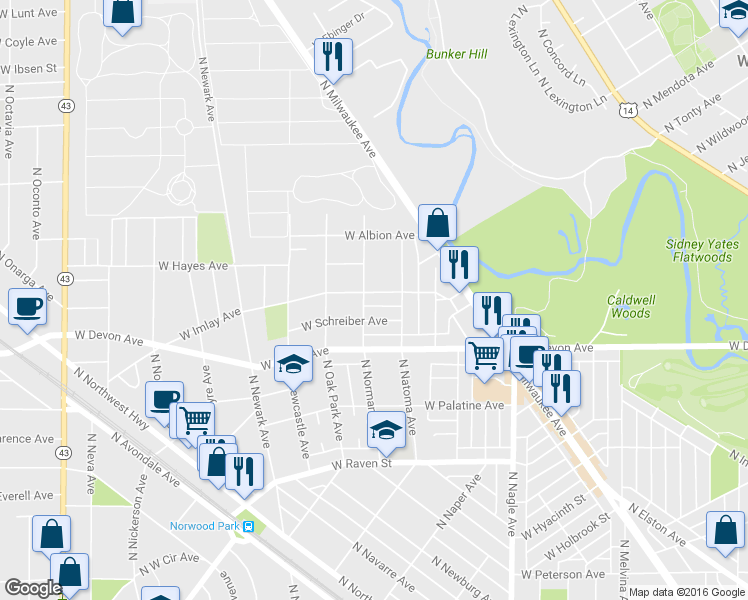 map of restaurants, bars, coffee shops, grocery stores, and more near 6628 West Schreiber Avenue in Chicago