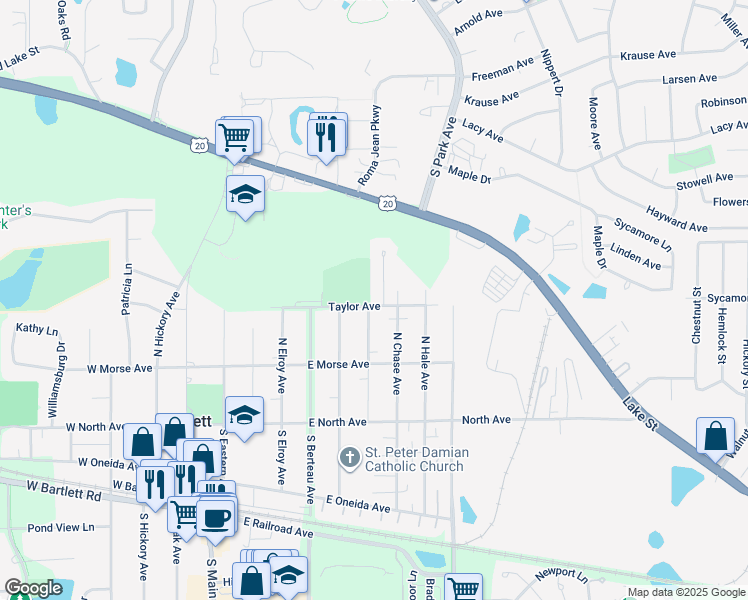 map of restaurants, bars, coffee shops, grocery stores, and more near 333 Taylor Avenue in Bartlett
