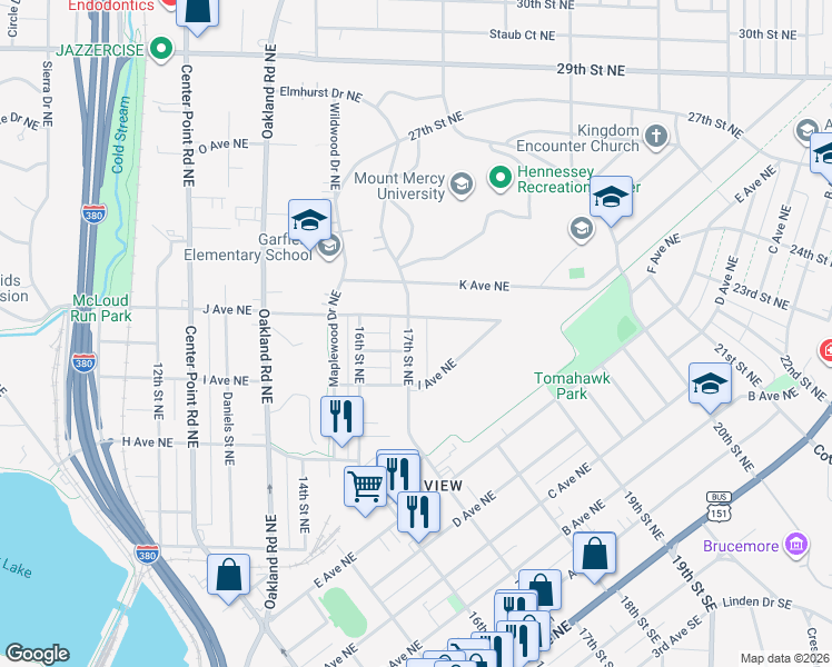map of restaurants, bars, coffee shops, grocery stores, and more near 1039 17th Street Northeast in Cedar Rapids
