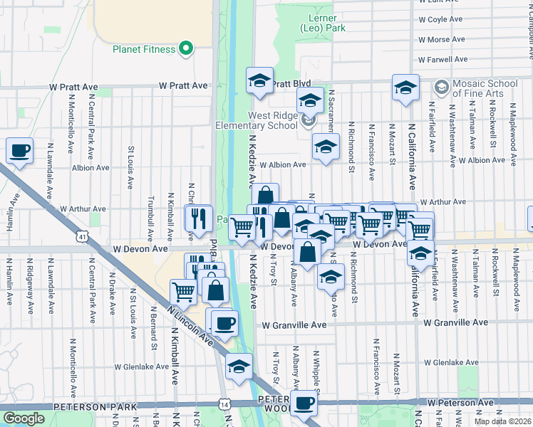 map of restaurants, bars, coffee shops, grocery stores, and more near 6435 North Troy Street in Chicago