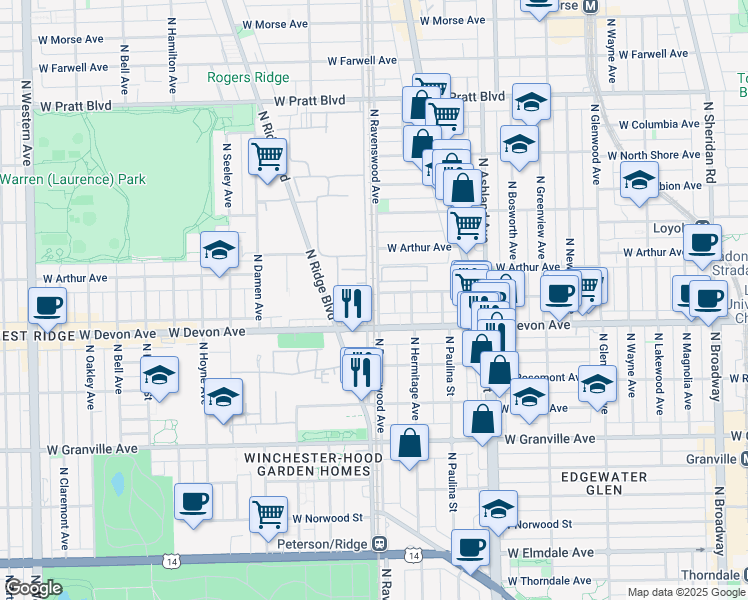 map of restaurants, bars, coffee shops, grocery stores, and more near 6415 North Ravenswood Avenue in Chicago