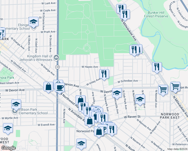 map of restaurants, bars, coffee shops, grocery stores, and more near 6417 North Sayre Avenue in Chicago