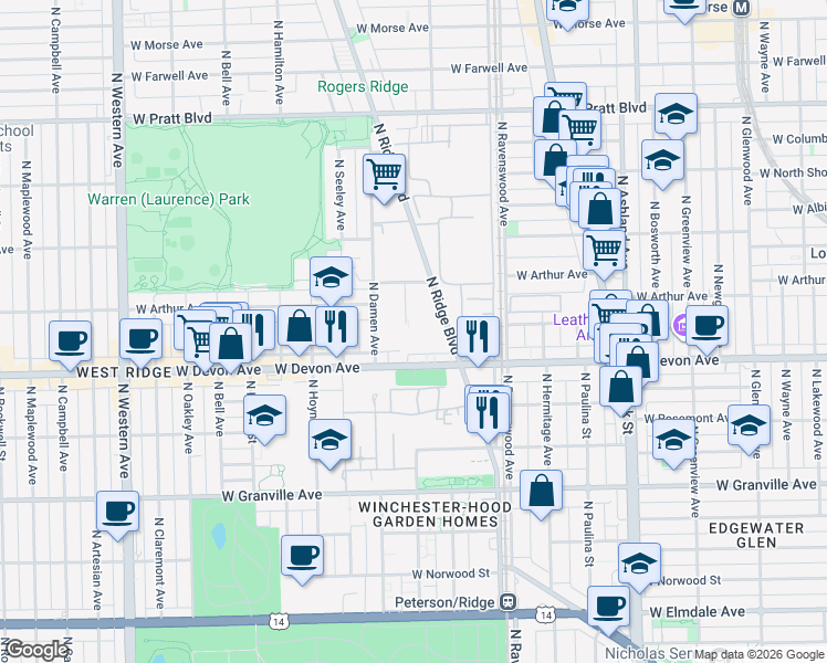 map of restaurants, bars, coffee shops, grocery stores, and more near 6424 North Ridge Boulevard in Chicago