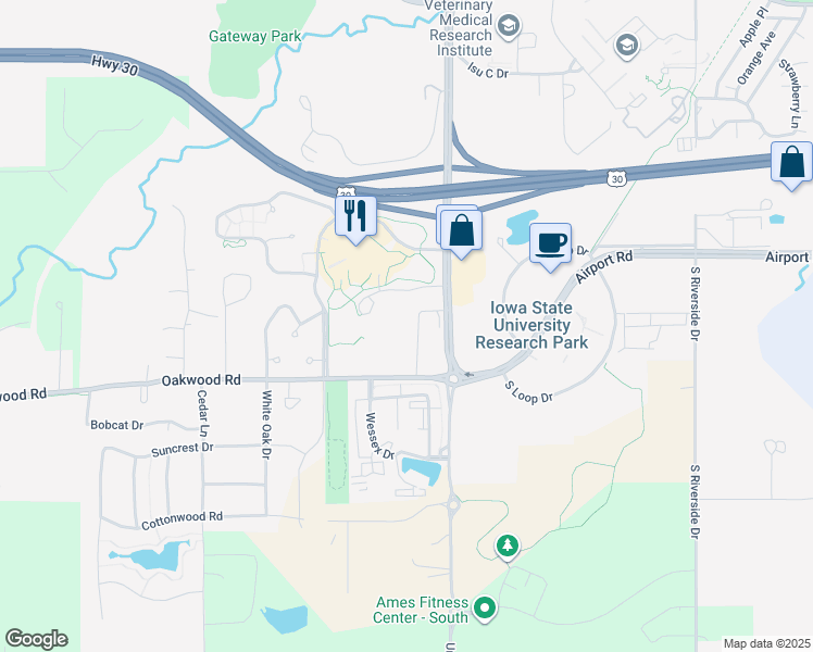 map of restaurants, bars, coffee shops, grocery stores, and more near 2609 University Boulevard in Ames