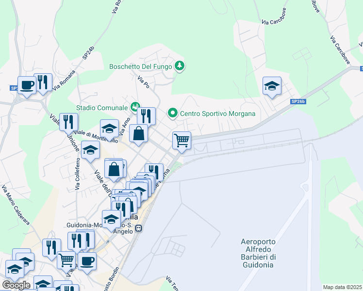 map of restaurants, bars, coffee shops, grocery stores, and more near 109 Viale Roma in Guidonia Montecelio