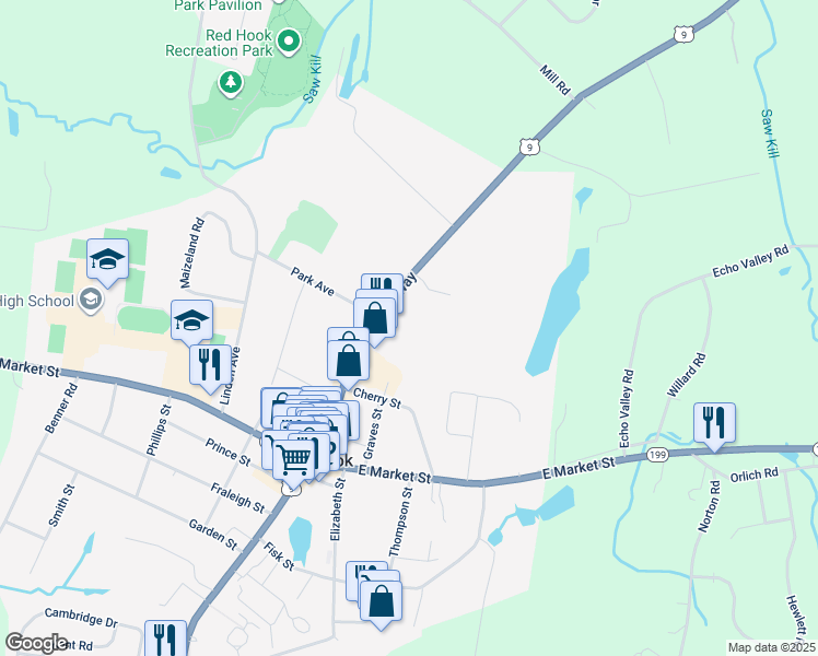 map of restaurants, bars, coffee shops, grocery stores, and more near 7590 North Broadway in Red Hook