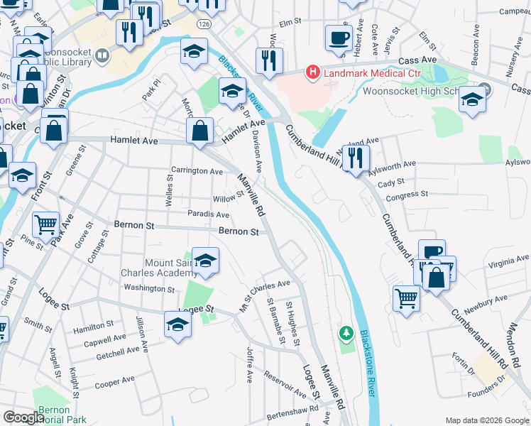 map of restaurants, bars, coffee shops, grocery stores, and more near 320 Manville Road in Woonsocket