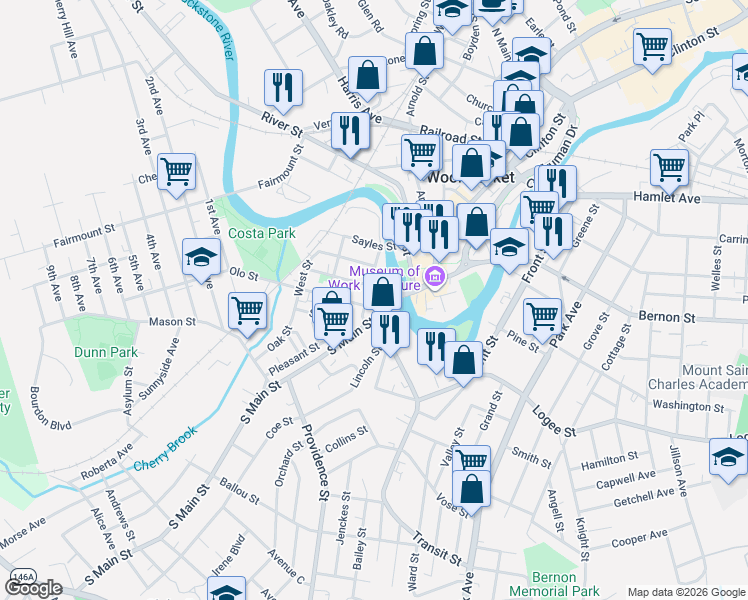 map of restaurants, bars, coffee shops, grocery stores, and more near 168 South Main Street in Woonsocket