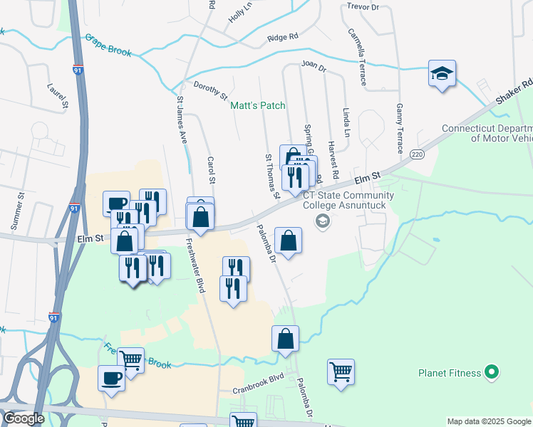 map of restaurants, bars, coffee shops, grocery stores, and more near Elm Street in Enfield