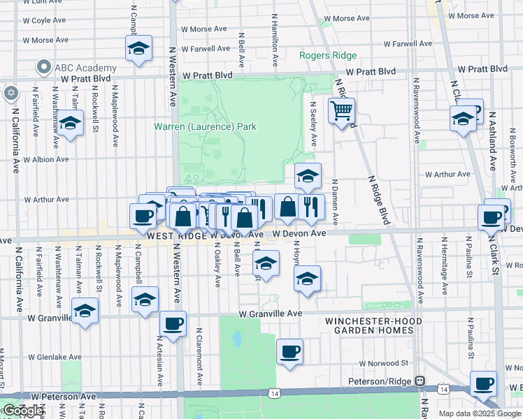 map of restaurants, bars, coffee shops, grocery stores, and more near 6437 North Leavitt Street in Chicago