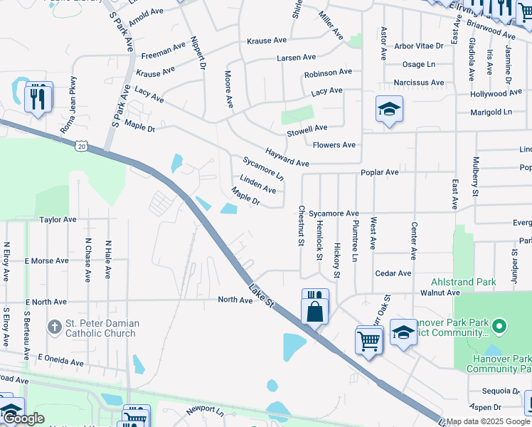 map of restaurants, bars, coffee shops, grocery stores, and more near 675 Maple Drive in Streamwood