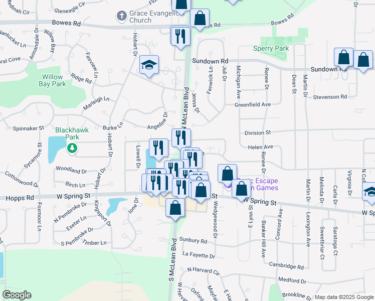 map of restaurants, bars, coffee shops, grocery stores, and more near 1172 Manchester Court in South Elgin
