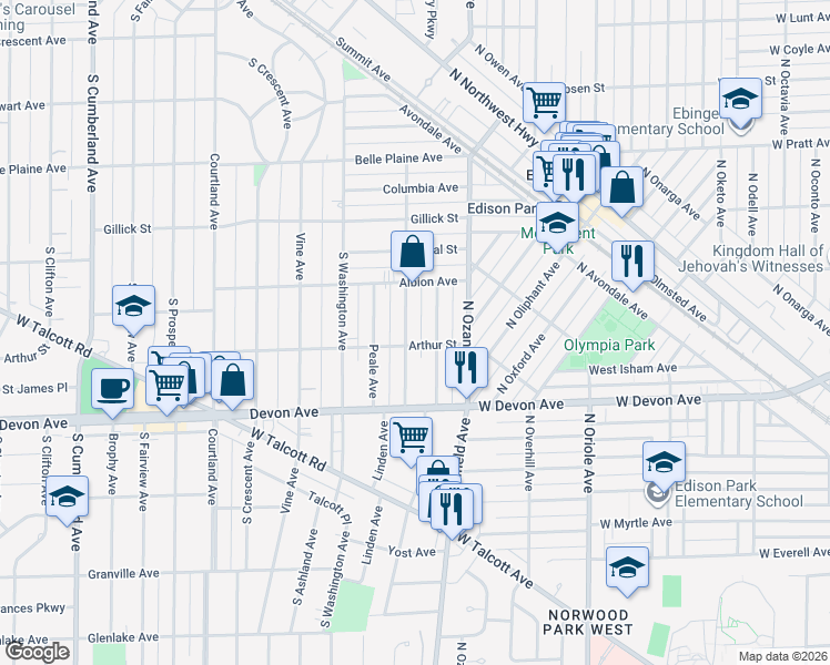 map of restaurants, bars, coffee shops, grocery stores, and more near in Park Ridge